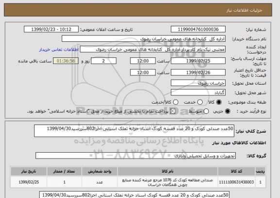 استعلام 50عدد صندلی کودک و 20 عدد قفسه کودک اسناد خزانه تملک استانی اخزا802سررسید1399/04/30