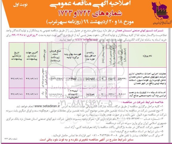 اصلاحیه آگهی مناقصه عمومی , مناقصه عملیات اجرایی احداث ساختمان اداری ... اصلاحیه