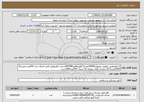 استعلام 1-کاورکفش نایلونی مرغوب30000عدد2-کاوربرانکارد80*200سانت بالا وپایین کش اسپان باند 40گرم سفیدرنگ 2000عدد3-گان وشان کلاه سورمه ای اسپان 40گرم 1000ست 