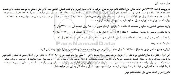 مزایده، مزایده فروش پارچه مجلسی شاتنون به رنگهای مختلف 12 طاقه ( 20 یاردی ) و... 