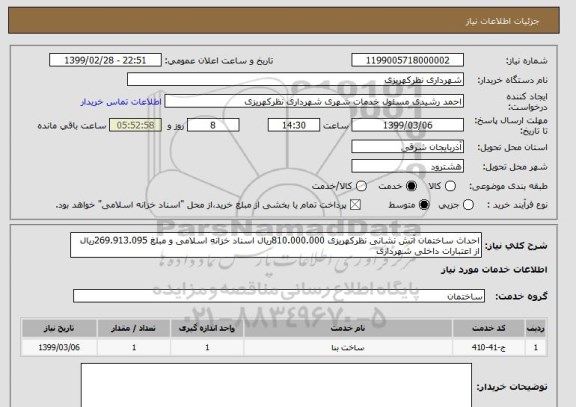 استعلام احداث ساختمان آتش نشانی نظرکهریزی 810.000.000ریال اسناد خزانه اسلامی و مبلغ 269.913.095ریال از اعتبارات داخلی شهرداری