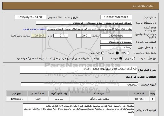 استعلام لکه گیری آسفالت معابر شهرکهای صنعتی زاهدان