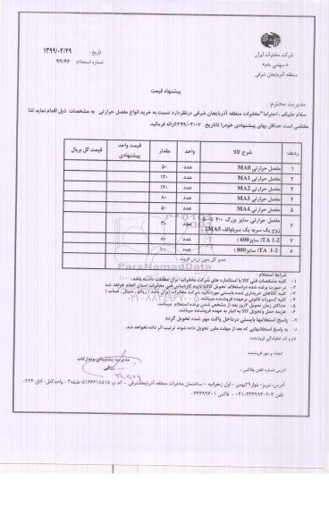 استعلام خرید انواع مفصل حرارتی 