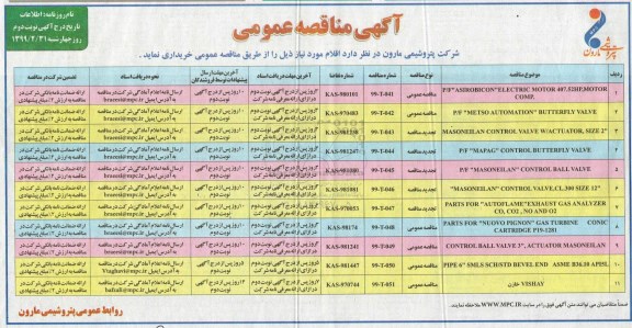 مناقصه ،مناقصه P/F ASIROBICON ELECTRIC MOTOR 407.52 HP, MOTOR COMP- نوبت دوم 