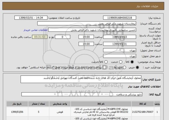 استعلام محلول آزمایشگاه طبق ایران کد های داده شده-فقط تامین کنندگان تهرانی پاسخگو باشند