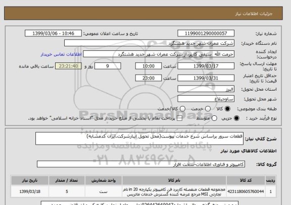 استعلام قطعات سرور براساس شرح خدمات پیوست(محل تحویل انبارشرکت.ایران کدمشابه)