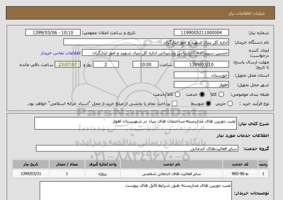 استعلام نصب دوربین های مداربسته ساختمان های بنیاد در شهرستان اهواز