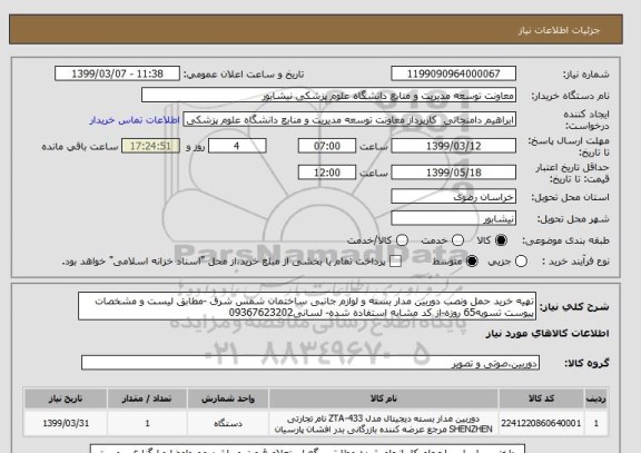 استعلام تهیه خرید حمل ونصب دوربین مدار بسته و لوازم جانبی ساختمان شمس شرق -مطابق لیست و مشخصات پیوست تسویه65 روزه-از کد مشابه استفاده شده- لسانی09367623202