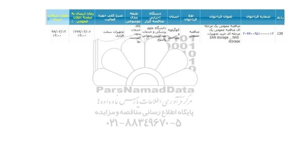 مناقصه ، مناقصه خرید تجهیزات san stoage- nas storage 