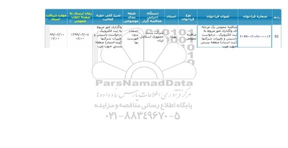 مناقصه  واگذاری امور مربوط به ثبت الکترونیک درخواست تاسیس و تغییرات 