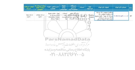 مناقصه تهیه ، طبخ و توزیع غذای پرسنل و بیماران بیمارستان شهداء بندرگز 