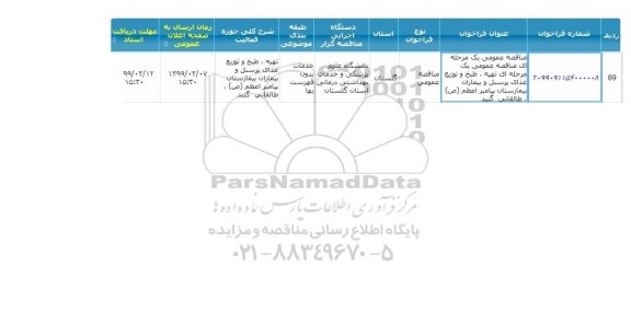 مناقصه  تهیه ، طبخ و توزیع غذای پرسنل و بیماران بیمارستان پیامبر اعظم ص ، طالقانی ، گنبد  