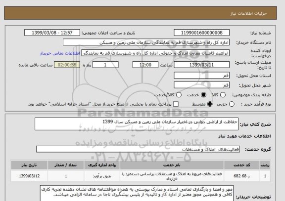 استعلام حفاظت از اراضی دولتی در اختیار سازمان ملی زمین و مسکن سال 1399