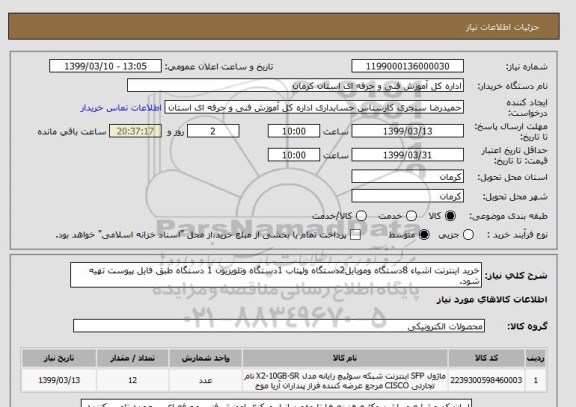 استعلام خرید اینترنت اشیاء 8دستگاه وموبایل2دستگاه ولپتاب 1دستگاه وتلویزیون 1 دستگاه طبق فایل پیوست تهیه شود.