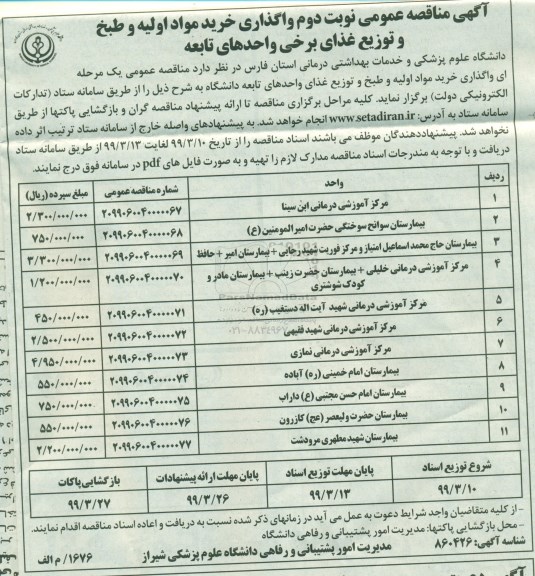 آگهی مناقصه عمومی , واگذاری خرید مواد اولیه و طبخ و توزیع غذا نوبت دوم 