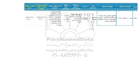 مناقصه  واگذاری راهبری ، تعمیر و نگهداری تاسیسات مکانیکی ، الکتریکی و ابنیه