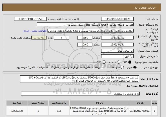 استعلام کد مشابه-استفاده از led طول عمر بالا(50000 ساعت به بالا)-توان200وات-قابلیت کار در فاصله60-150 سانتی متر-دارای160000 lux روشنایی در فاصله1 متری چراغ-