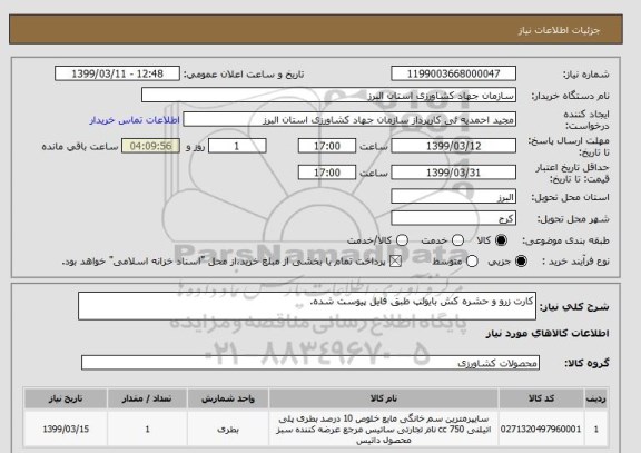 استعلام کارت زرو و حشره کش بایولپ طبق فایل پیوست شده.