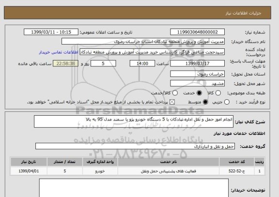 استعلام انجام اموز حمل و نقل اداره تبادکان با 5 دستگاه خودرو پژو یا سمند مدل 95 به بالا