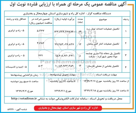 مناقصه ادامه عملیات احداث تونل و...