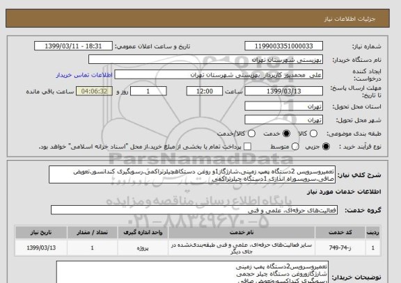 استعلام تعمیروسرویس 2دستگاه پمپ زمینی.شارژگاز1و روغن دستکاهچیلرتراکمی.رسوبگیری کندانسور.تعویض صافی.سرویسوراه اندازی 1دستگاه چیلرتراکمی