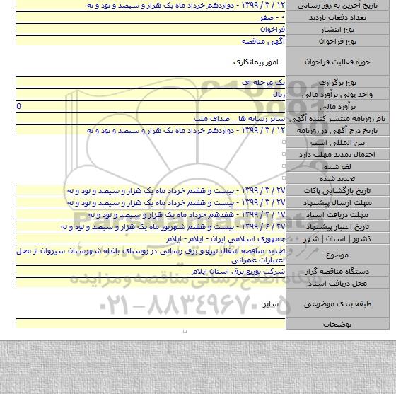 تجدید مناقصه انتقال نیرو و برق رسانی در روستای باغله شهرستان سیروان از محل اعتبارات عمرانی