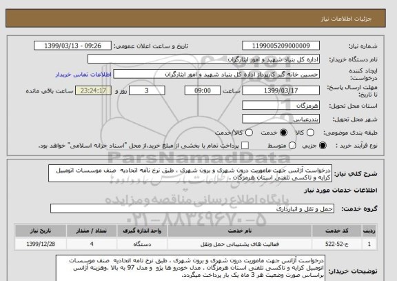 استعلام درخواست آژانس جهت ماموریت درون شهری و برون شهری ، طبق نرخ نامه اتحادیه  صنف موسسات اتومبیل کرایه و تاکسی تلفنی استان هرمزگان .