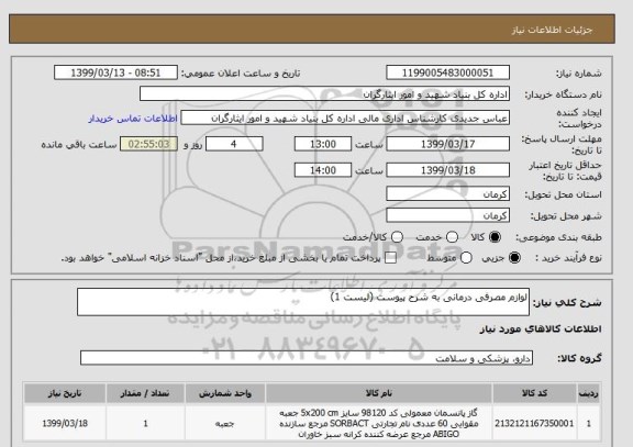 استعلام لوازم مصرفی درمانی به شرح پیوست (لیست 1)