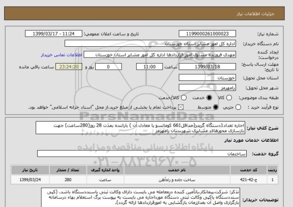 استعلام اجاره تعداد1دستگاه گریدر(حداقل661 کوماتسو یا معادل آن ) باراننده بمدت 28 روز(280ساعت) جهت بازسازی محورهای عشایری شهرستان رامهرمز 