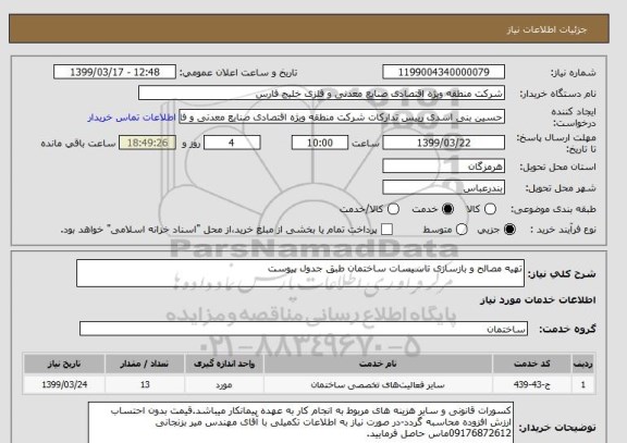 استعلام تهیه مصالح و بازسازی تاسیسات ساختمان طبق جدول پیوست 