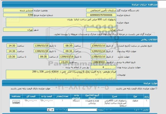 مزایده، مزایده رادیولوژی ثابت 600 میلی آمپر 