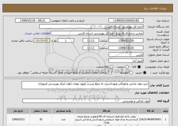 استعلام خرید مواد غذایی وخوراکی وبهداشتی  به مبلغ بیست ملیون تومان جهت مرکز بهزیستی فیروزاباد