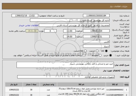 استعلام خرید میز و صندلی و کمد بایگانی بهزیستی شیراز