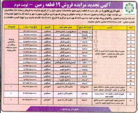 آگهی مزایده ،مزایده تجدید فروش 19 قطعه زمین مسکونی و آموزشی نوبت دوم 