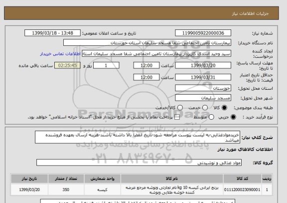 استعلام خریدموادغذایی-به لیست پیوست مراجعه شود-تاریخ انقضا بالا داشته باشند-هزینه ارسال بعهده فروشنده میباشد