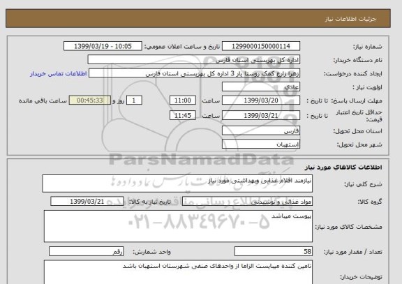 استعلام نیازمند اقلام غذایی وبهداشتی مورد نیاز 