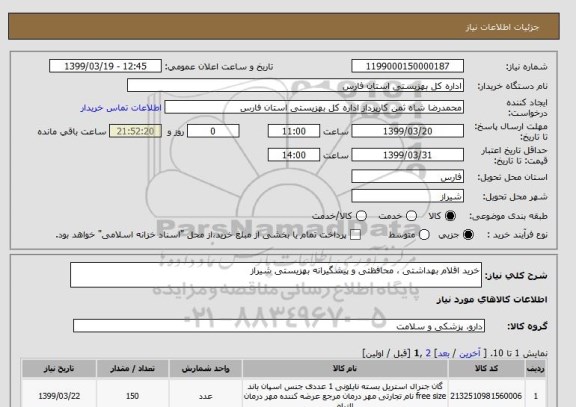 استعلام خرید اقلام بهداشتی ، محافظتی و پیشگیرانه بهزیستی شیراز