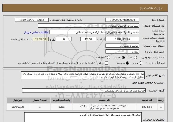 استعلام قرار داد حجمی جهت بکار گیری دو نفر نیرو جهت اجرای فعالیت های دفتر اتباع و مهاجرین خارجی در سال 99 مطابق لیست پیوست ارائه قیمت گردد. 