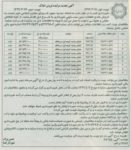 مزایده ،مزایده فروش نقدی قطعات زمین مسکونی نوبت اول 