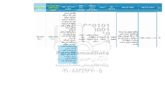 مناقصه واگذاری خدمات تامین 33 دستگاه خودروی سواری استیجاری