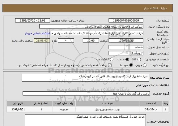 استعلام اجرای خط برق ایستگاه پمپاژ روستای قلی آباد در کبودرآهنگ