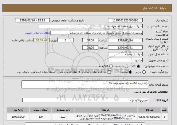 استعلام رله تریپ 55عدد رله سوپر ویژن 45