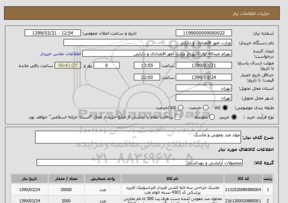 استعلام مواد ضد عفونی و ماسک