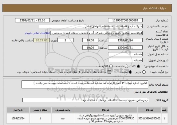 استعلام الکترود اندازه گیری PH آنلاین(ازایران کد مشابه استفاده شده است ، مشخصات پیوست می باشد )