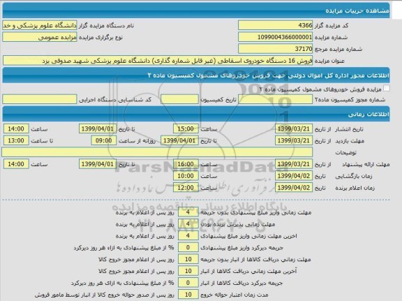 مزایده، مزایده فروش 16 دستگاه خودروی اسقاطی (غیرقابل شماره گذاری) 