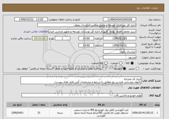 استعلام ایران کد مشابه
تابلوی روشنایی فیشی پژو مطابق با شرایط و مشخصات فنی فایل های پیوست