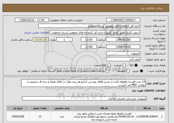 استعلام 13 عدد قفسه یکطرفه کتاب از جنس کلاف روسی, اندازه هر تیره چوب در کلاف طبقه و بدنه 6 سانتیمتر با روکش MDF ضد خش ,  