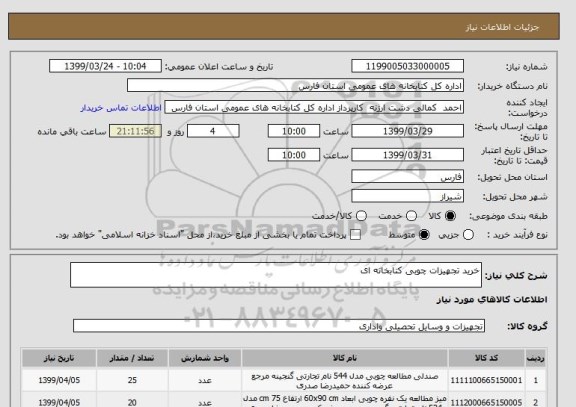 استعلام خرید تجهیزات چوبی کتابخانه ای 