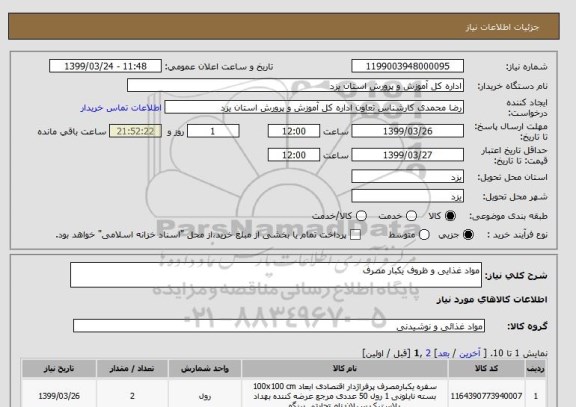 استعلام مواد غذایی و ظروف یکبار مصرف