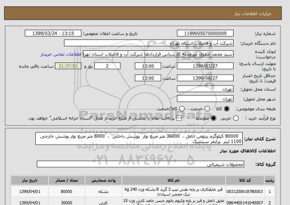 استعلام   80000 کیلوگرم بیتومن انامل ،  30000 متر مربع نوار  پوشش داخلی  ،  8000 متر مربع نوار پوشش خارجی  1100 لیتر  پرایمر سینتتیک